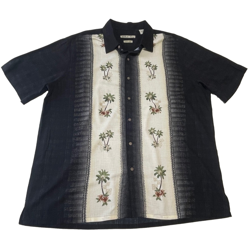 Batik Bay Hawaiian Camp Shirt Mens XL Black Palm Tree Easy Care Button Up Resort